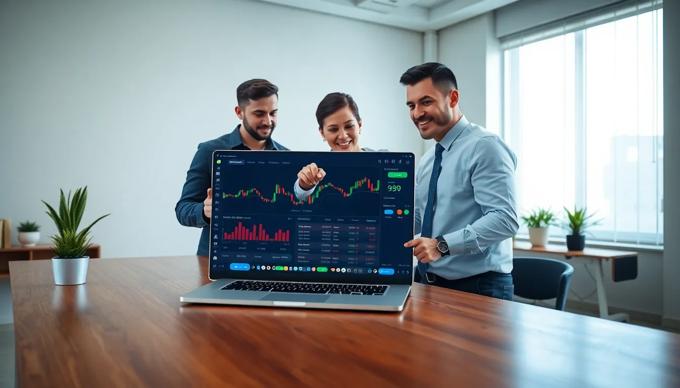 diverse professionals discussing cryptocurrency on a modern laptop.