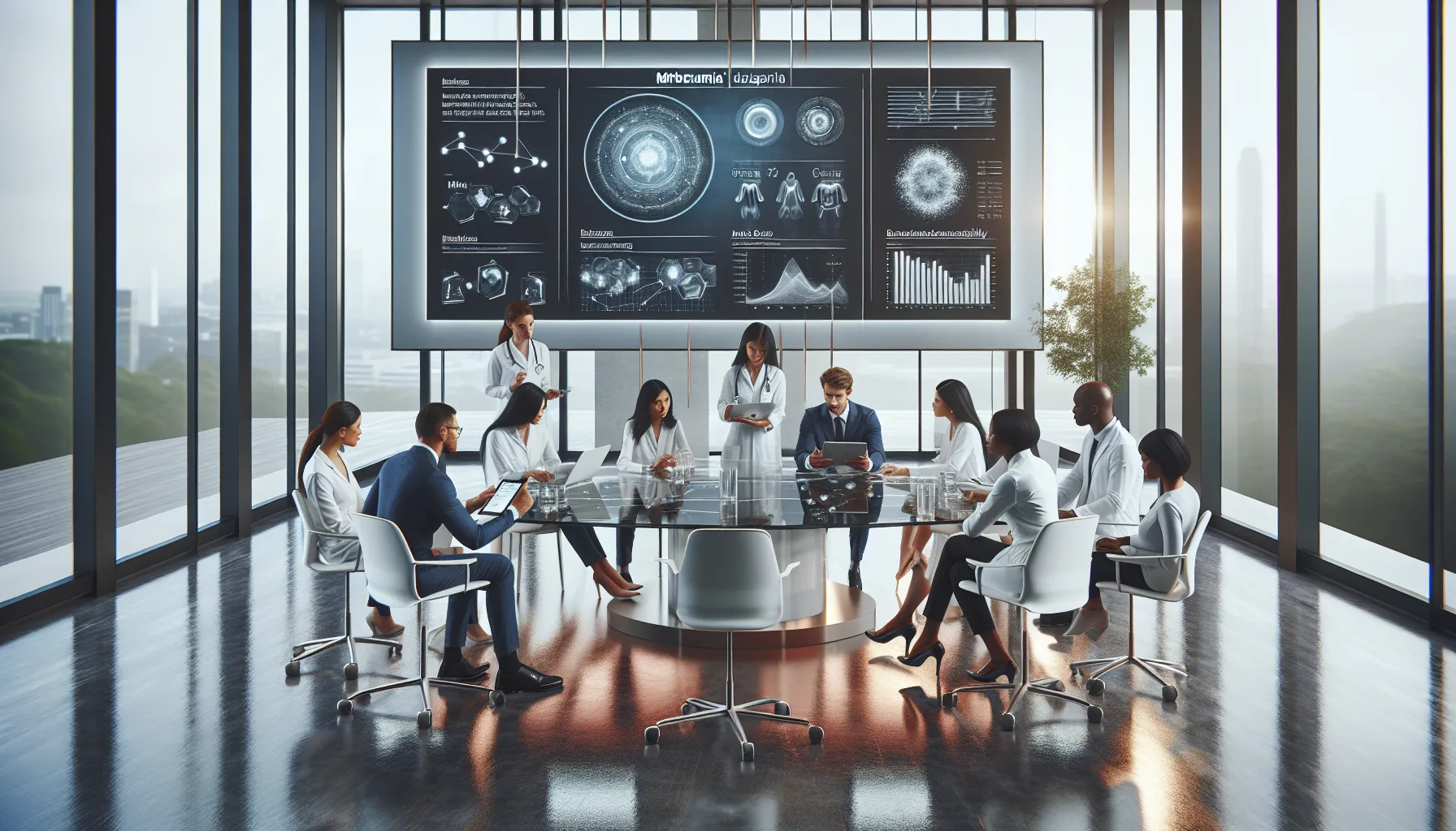 diverse healthcare team discussing Mirbezumia in a modern conference room.