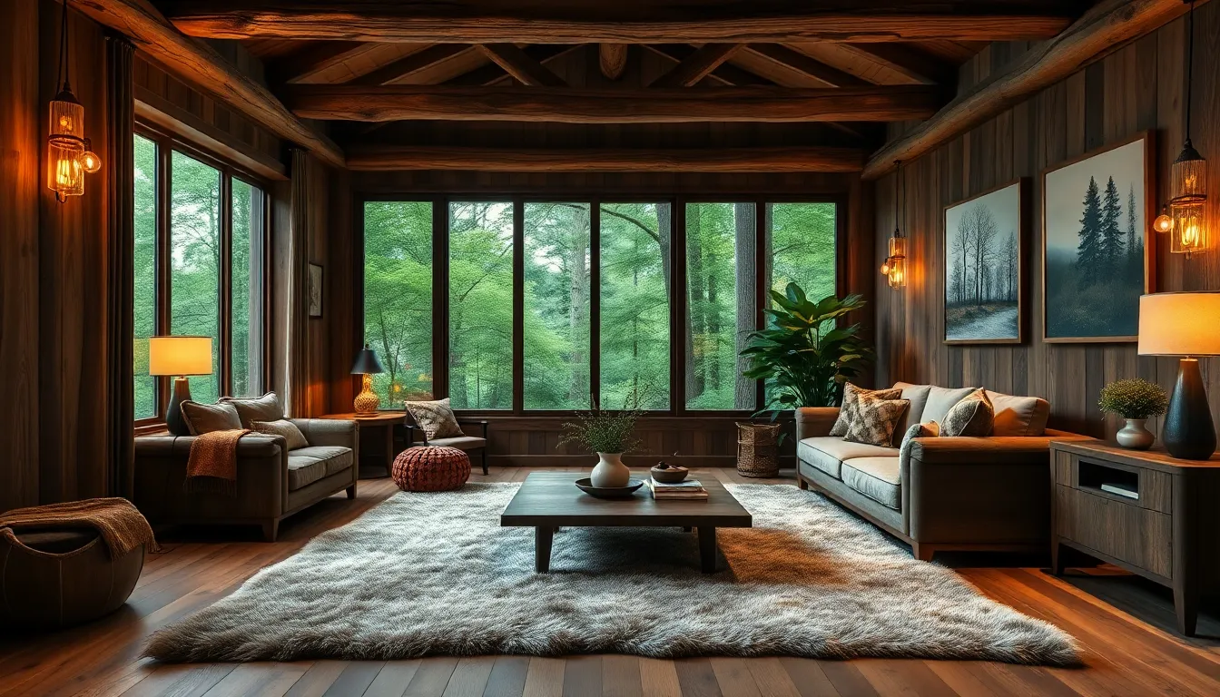cozy living room with woodland decor and soft ambient lighting.