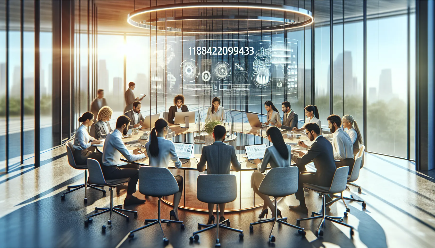 diverse team brainstorming around a conference table in a modern office.