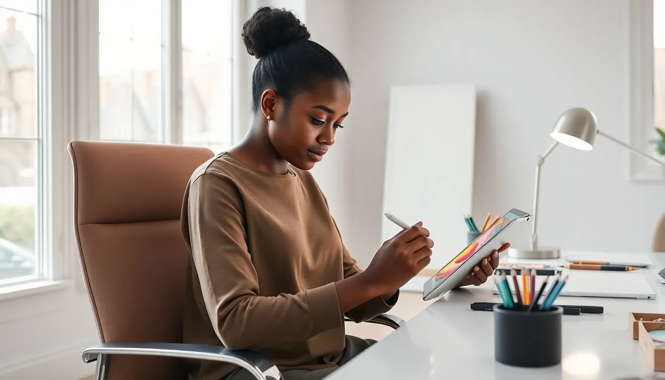 artist using an iPad to create digital artwork in a bright workspace.