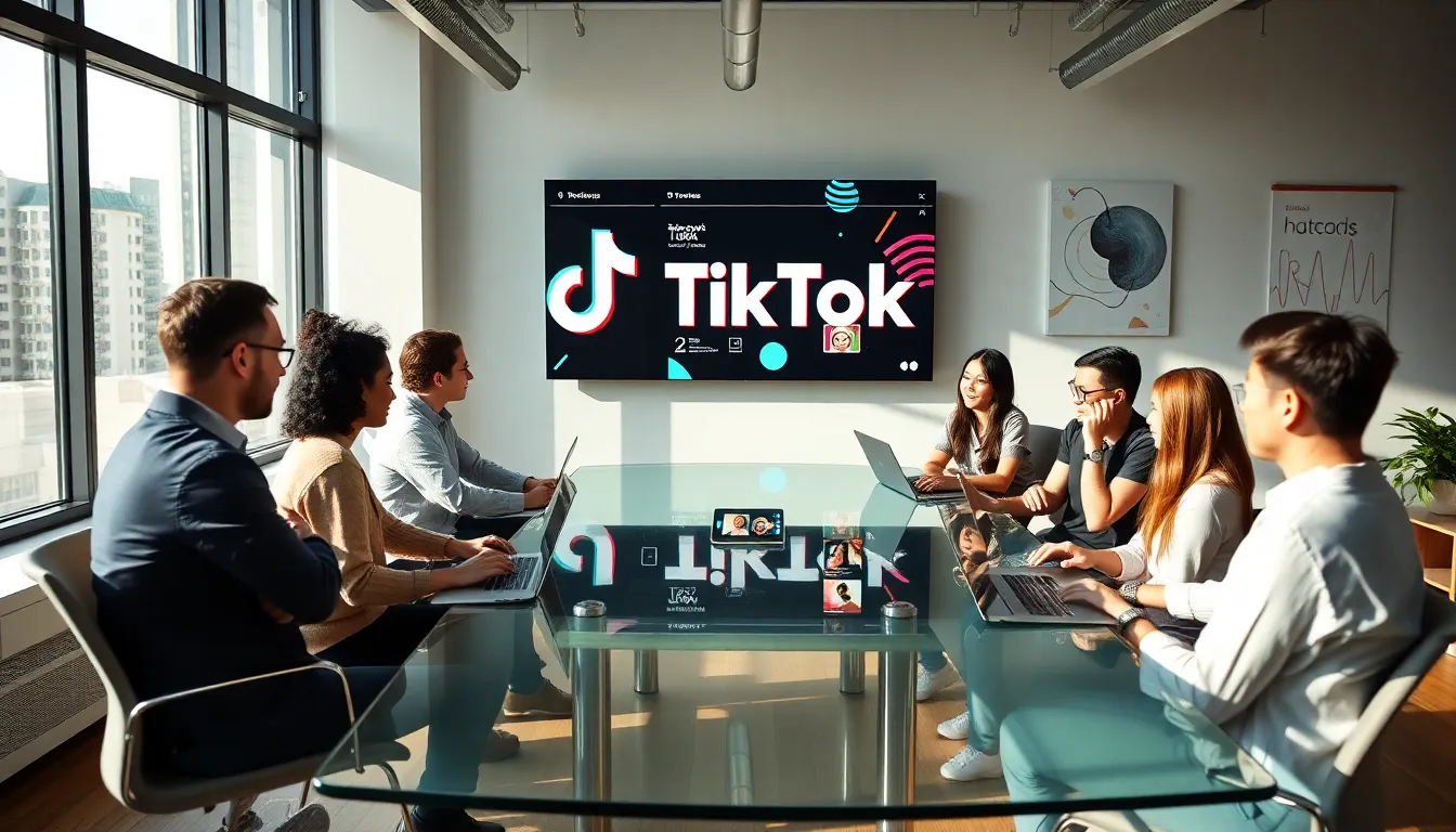 diverse team discussing TikTok hashtags in a modern office.