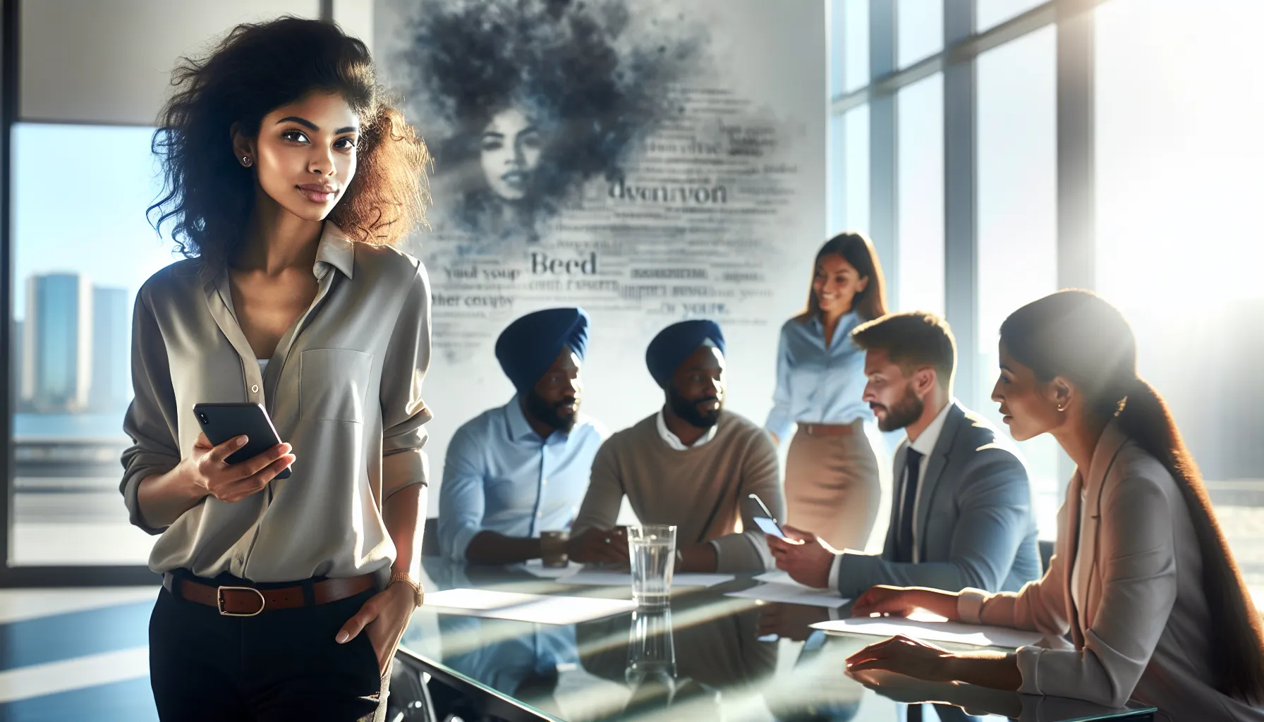 confident woman engaging with colleagues in a modern office.