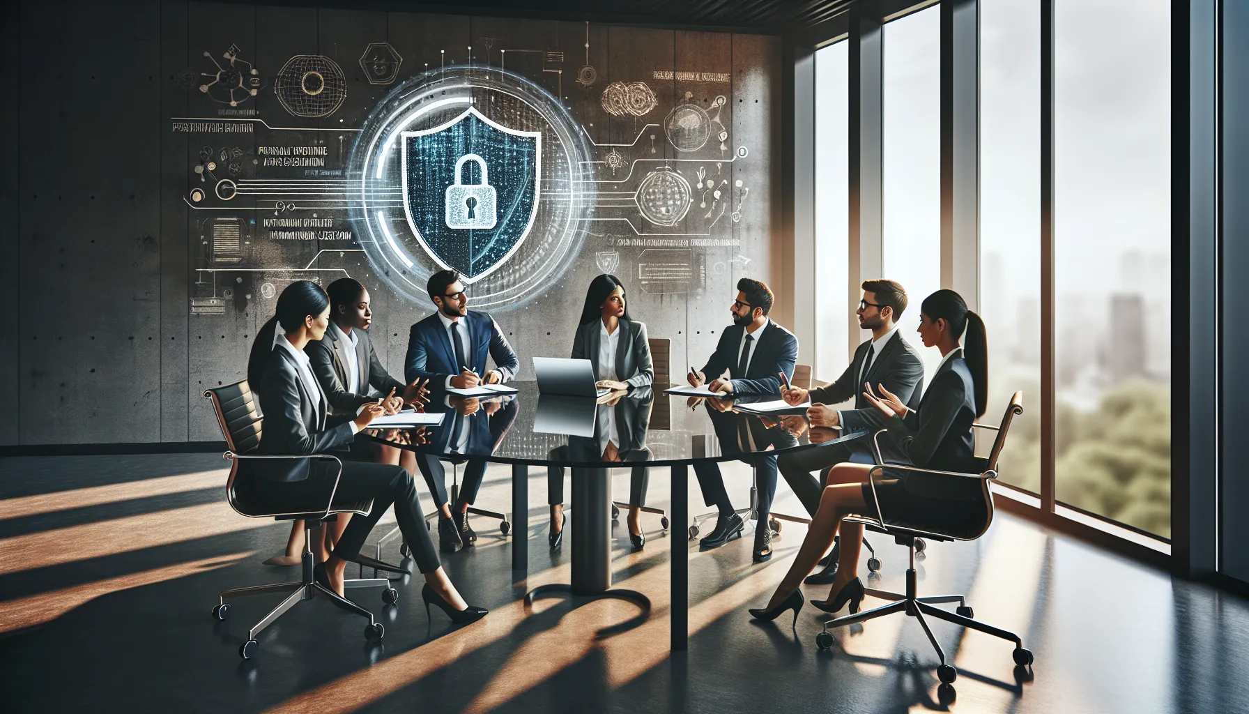diverse team discussing data protection in a modern office.