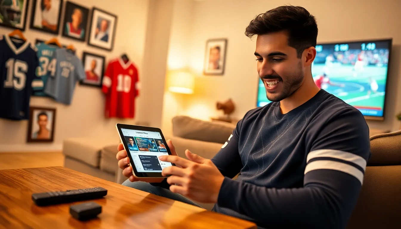 A young man engaging with a sports news app in a cozy living room.
