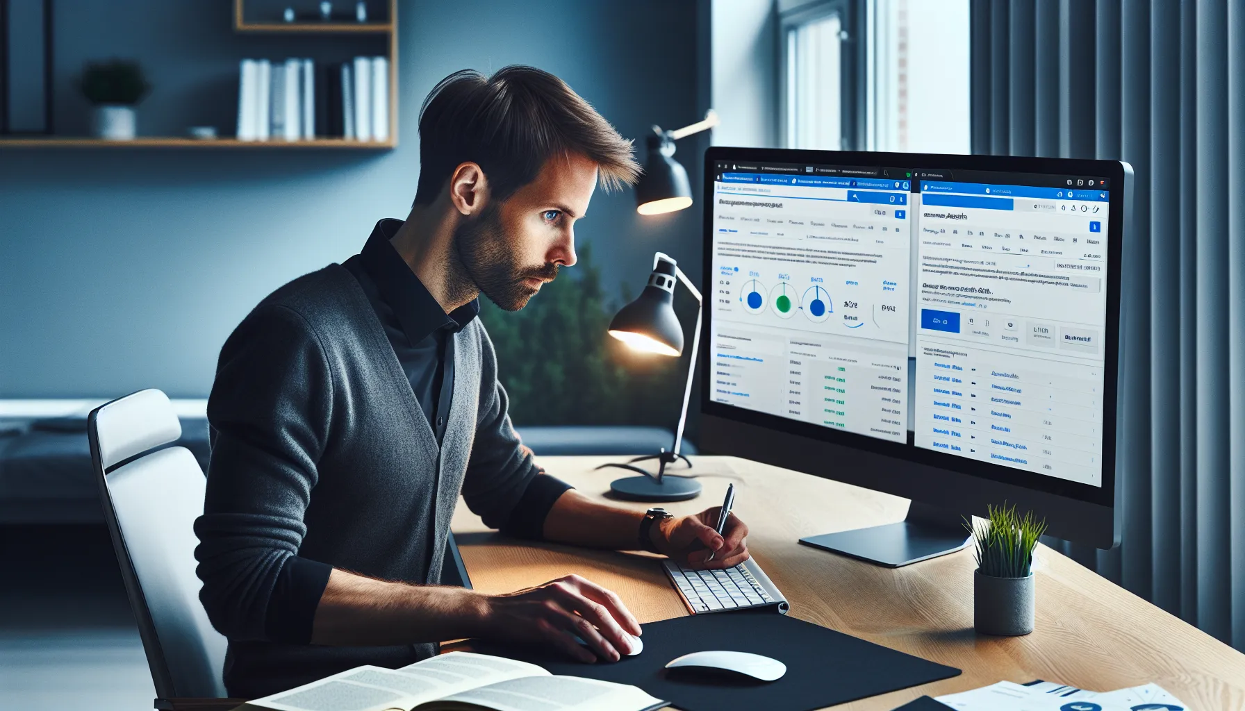 Søkemotormarkedsføring: hvordan kombinere seo og betalt søk 3 Norwegian marketer analyzes seo and paid search data on dual monitors in an office.