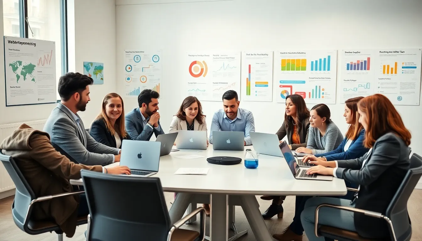 diverse team collaborating in a modern workspace on online business strategies.