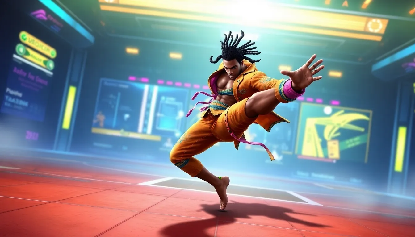 Eddy Gordo performing a capoeira move in a vibrant gaming arena.