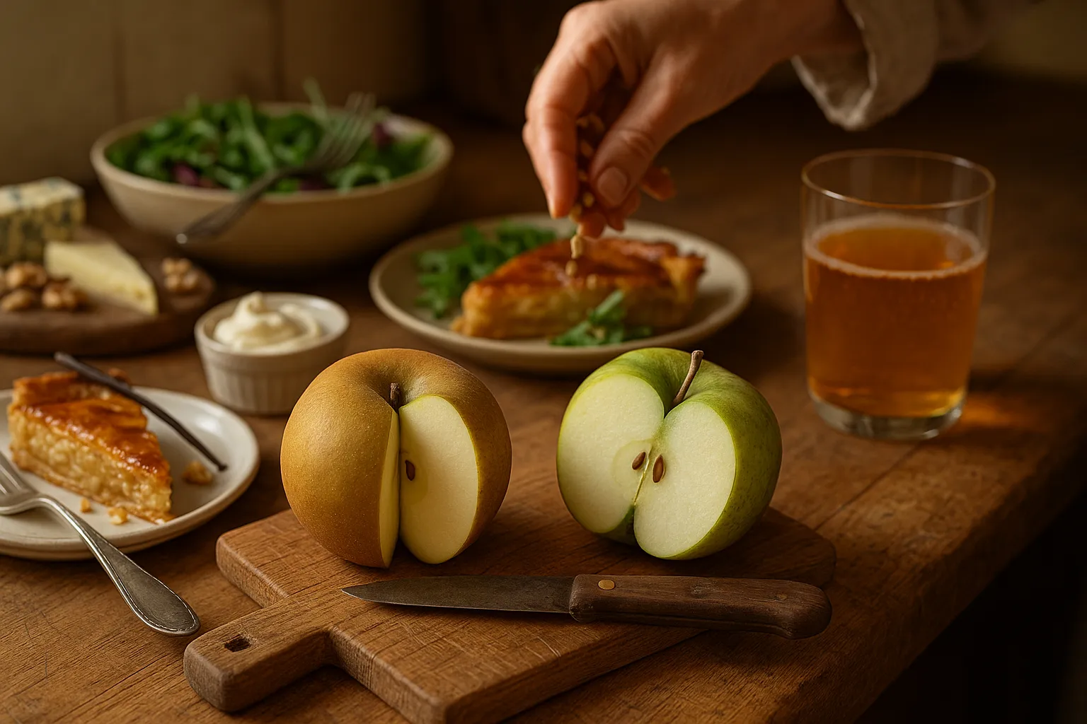 Two apples—Egremont Russet and Ashmead’s Kernel—beside tart, cheese, salad, cider.