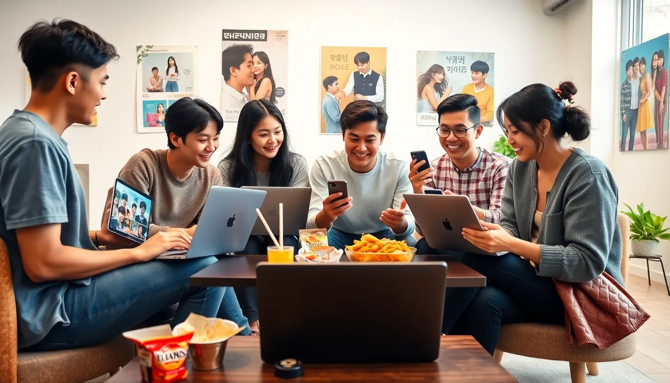 diverse group discussing Korean dramas with snacks in a casual setting.