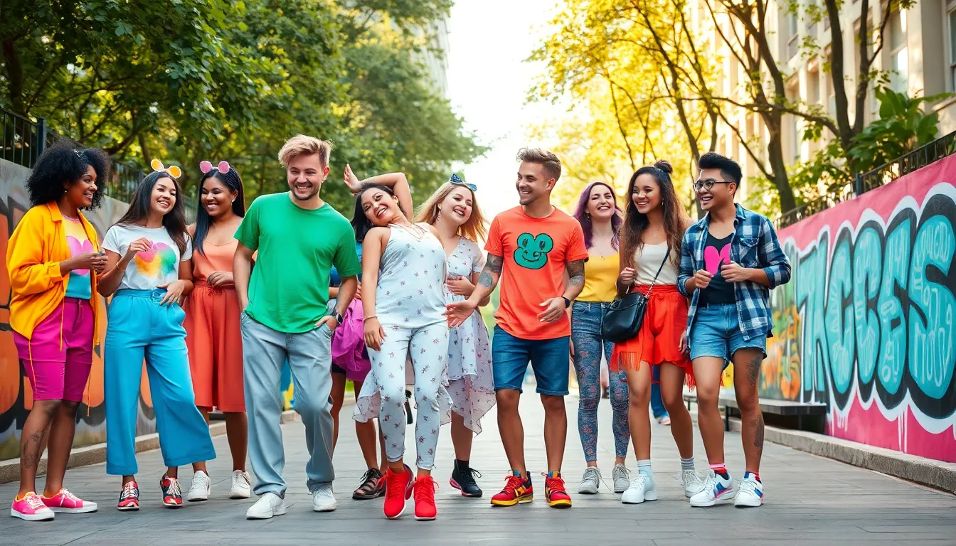 diverse young adults embracing playful fashion in an urban park.