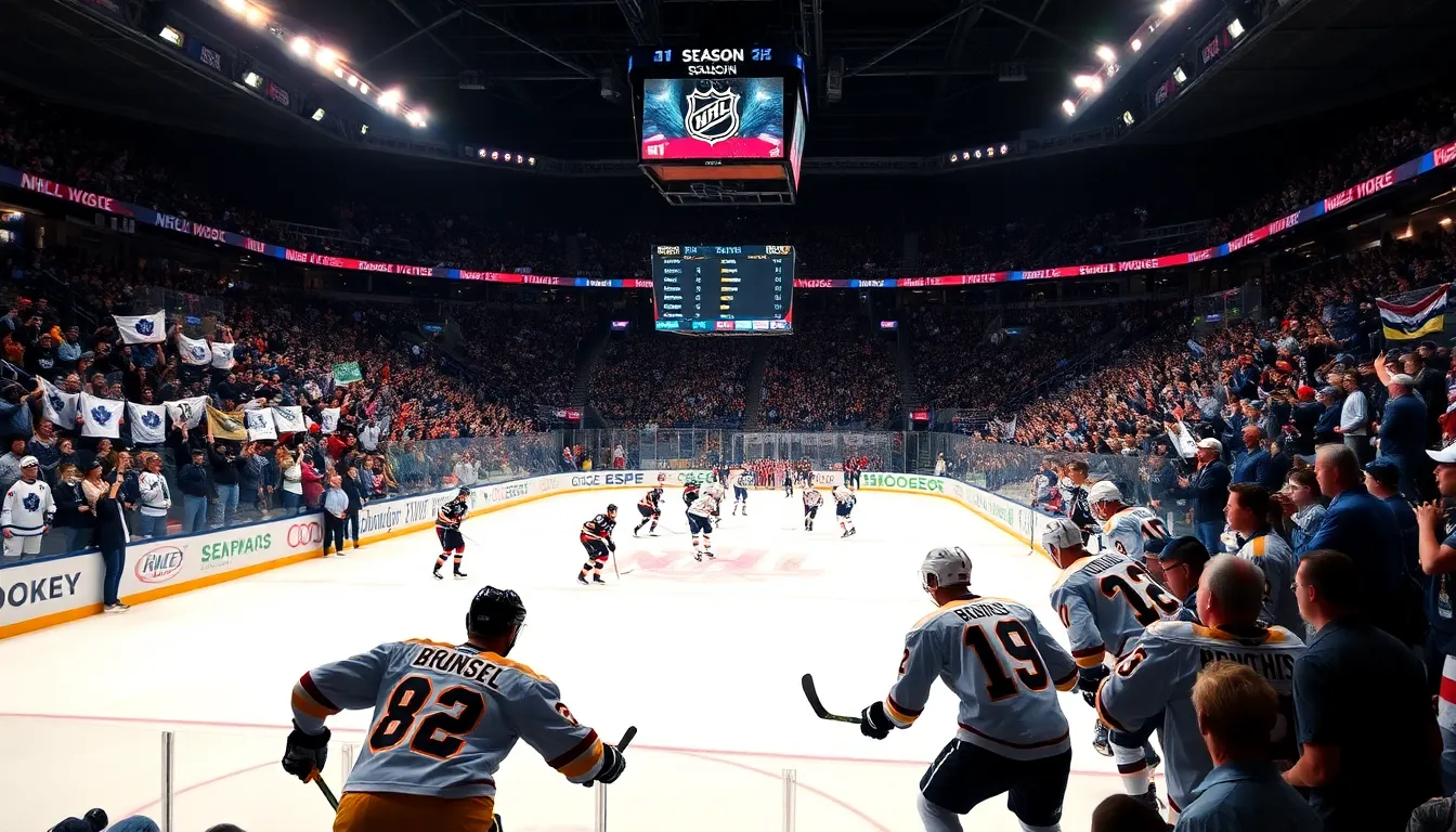 hockey players facing off in a packed NHL arena.