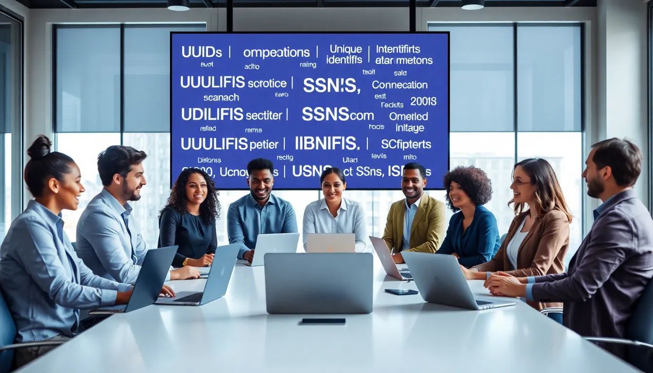 diverse professionals discussing unique identifiers in a modern office.