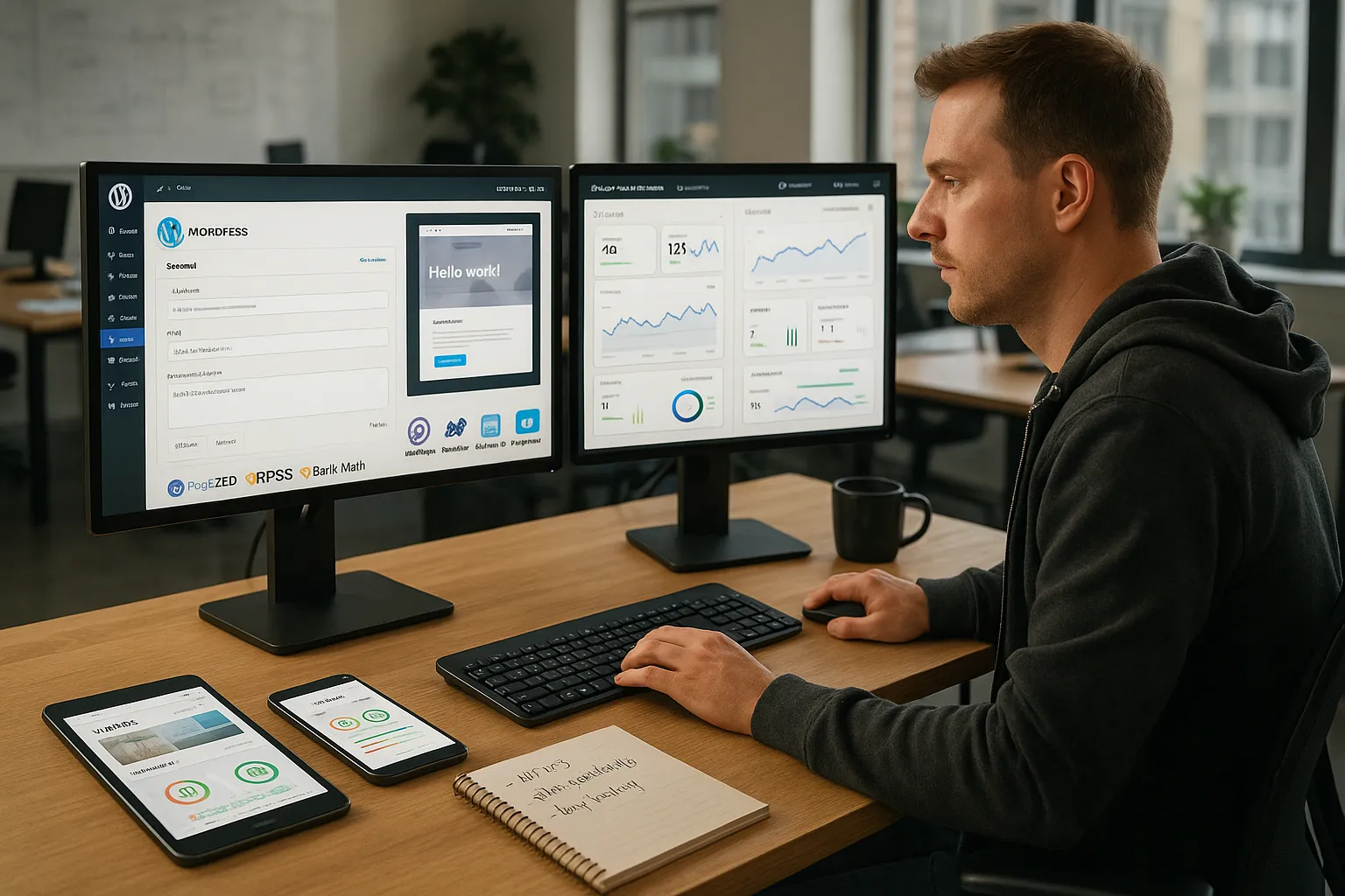 SEO specialist optimizing a WordPress site with plugins, analytics, and mobile previews.