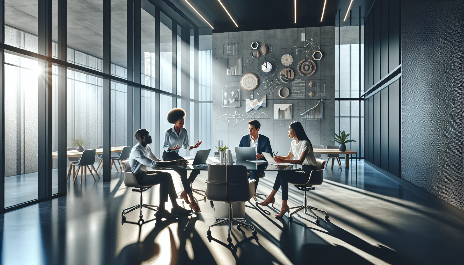 diverse team brainstorming in a modern office setting.