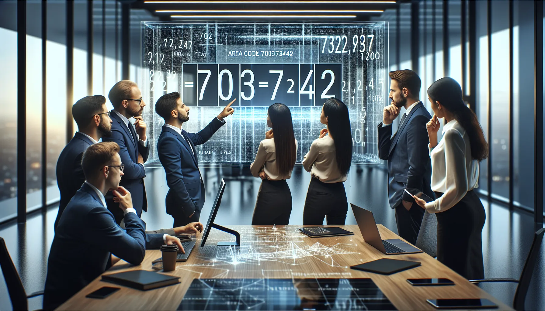 team analyzing numeric data about area codes in a modern office.