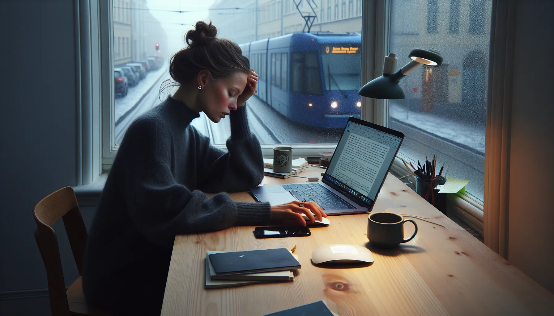 Fra stress til balanse: proaktive strategier for å unngå utbrenthet 2 Tired norwegian office worker rubs her neck at a cluttered desk in winter.
