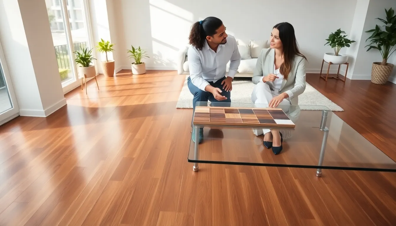 two professionals discussing wood finishes in a modern living room.