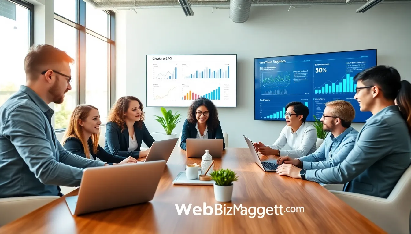 diverse professionals discussing digital marketing strategies in a modern office.