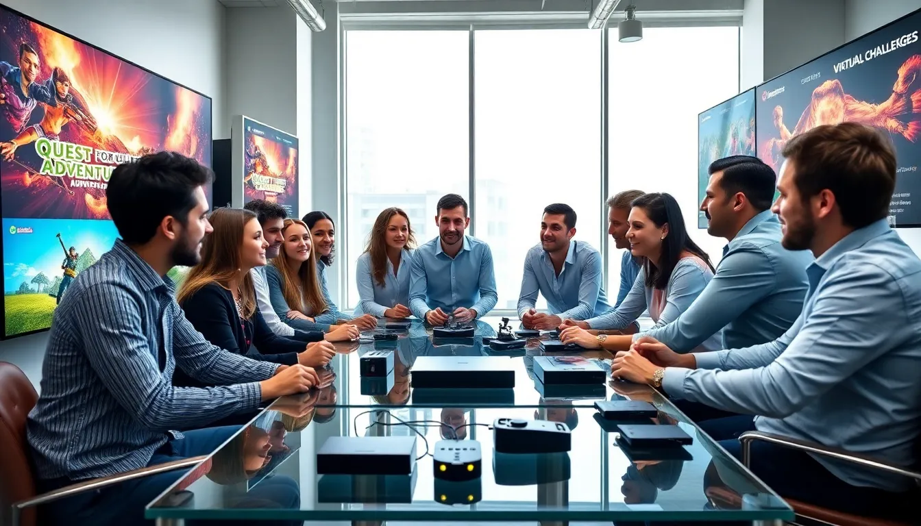 diverse team discussing innovative video game concepts in a modern office.