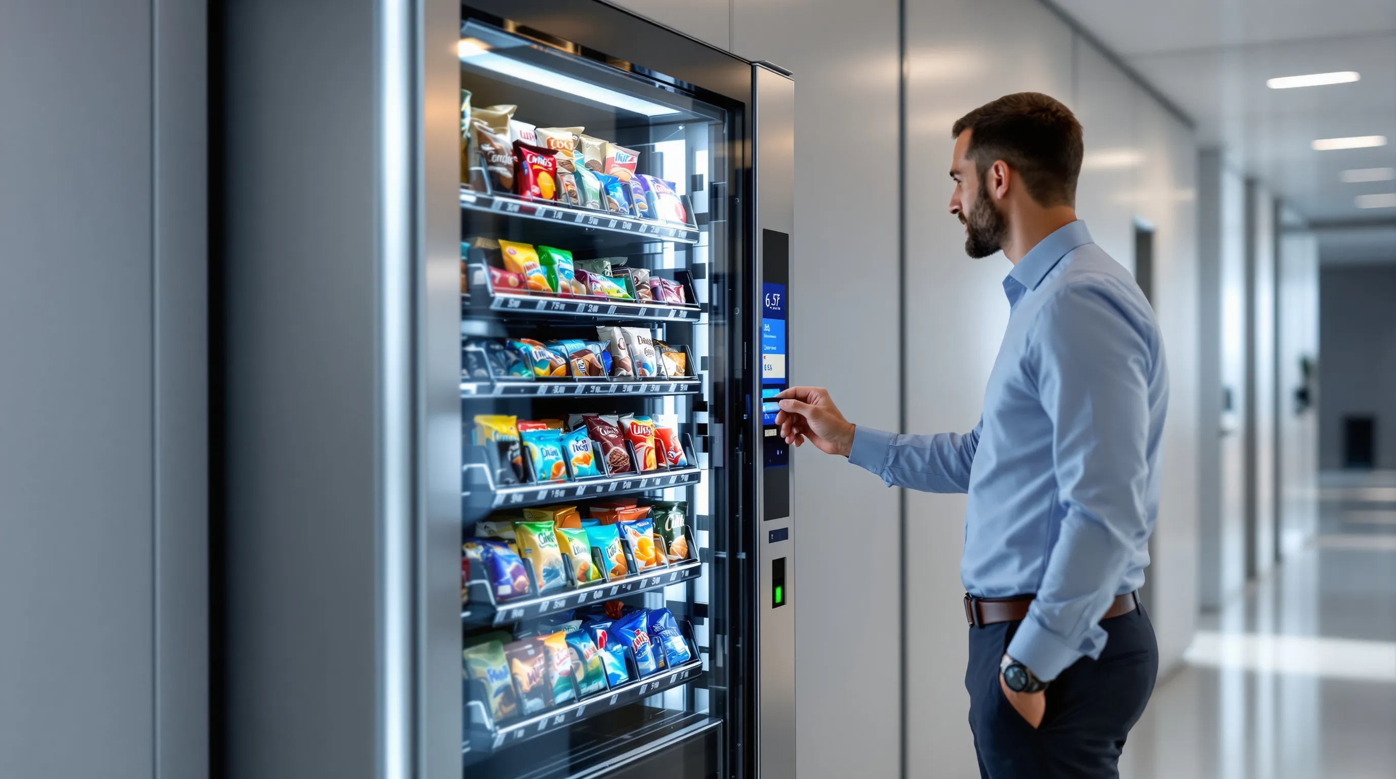 Modern vending machine with touchscreen in Croatian office setting with professional user.
