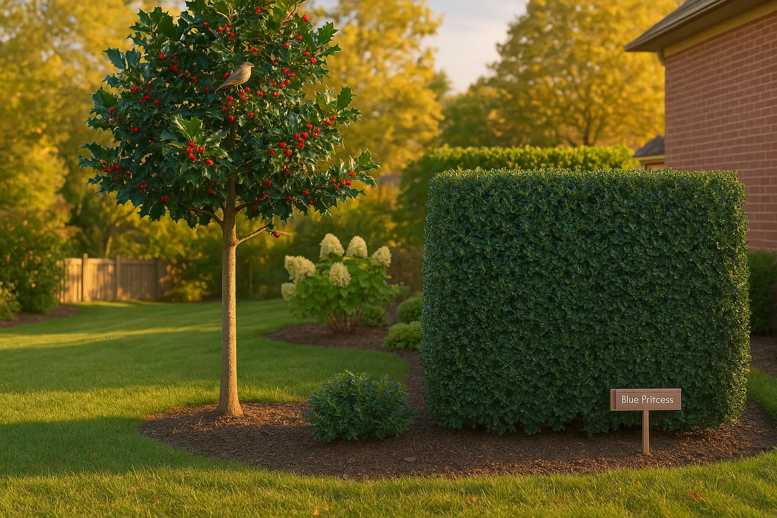 A mature holly specimen beside a neat blue-green meserveae hedge.