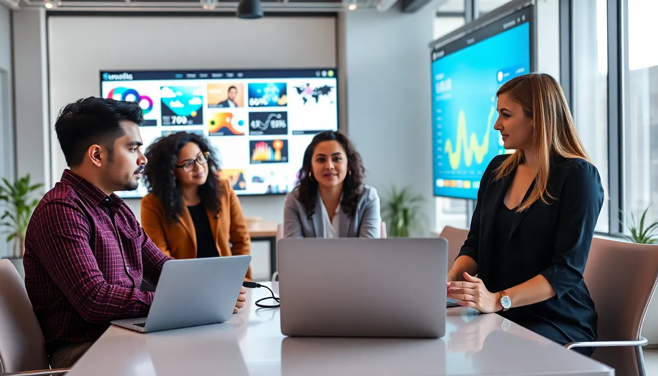 diverse team collaborating in a modern office on web development projects.