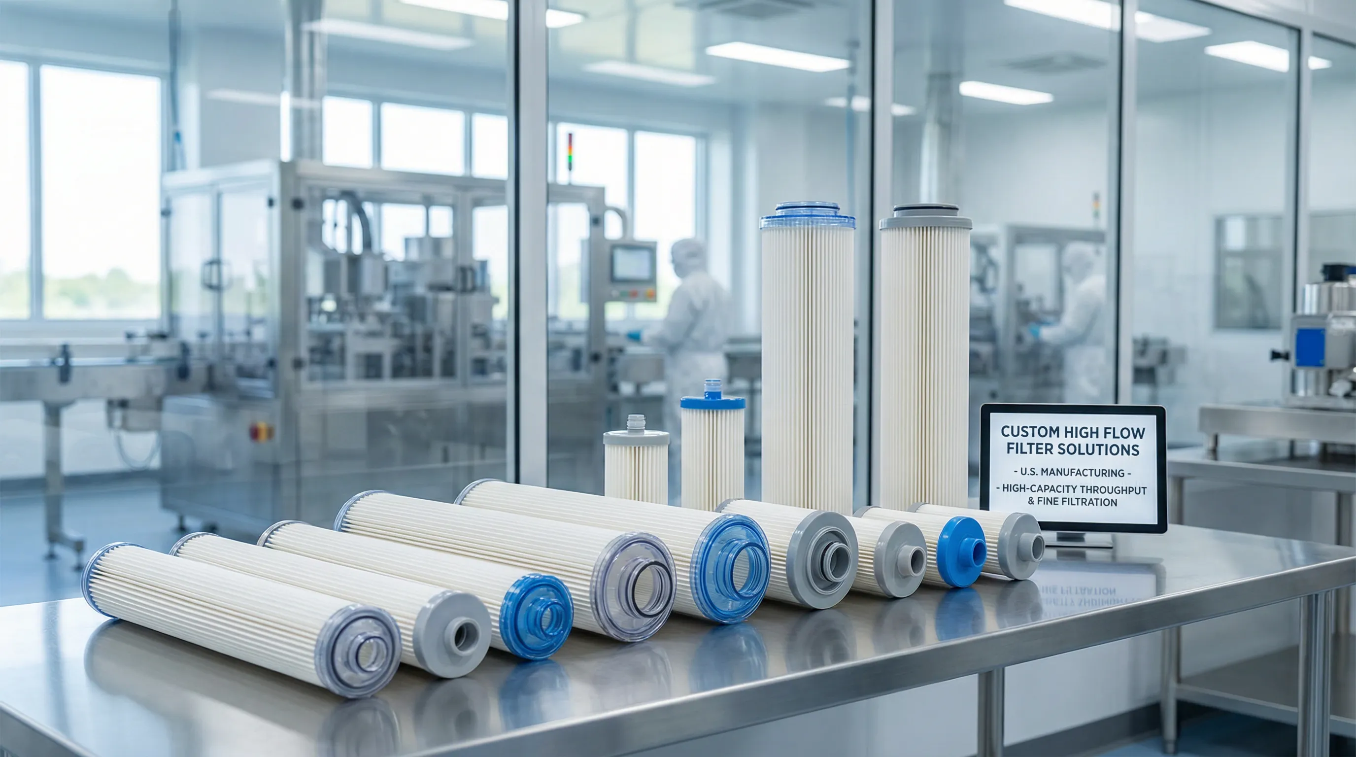 high flow filter cartridges displayed in a modern industrial lab