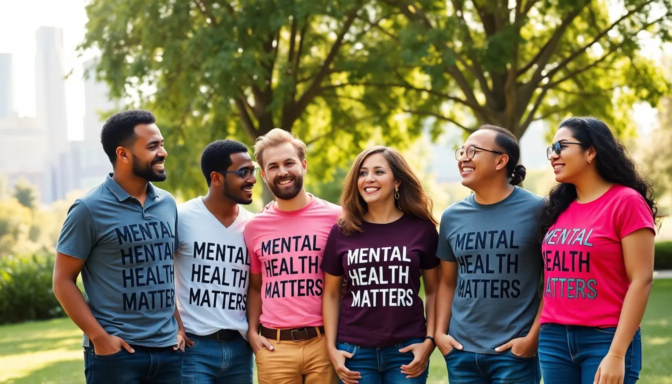 diverse individuals wearing 'Mental Health Matters' shirts in a park.