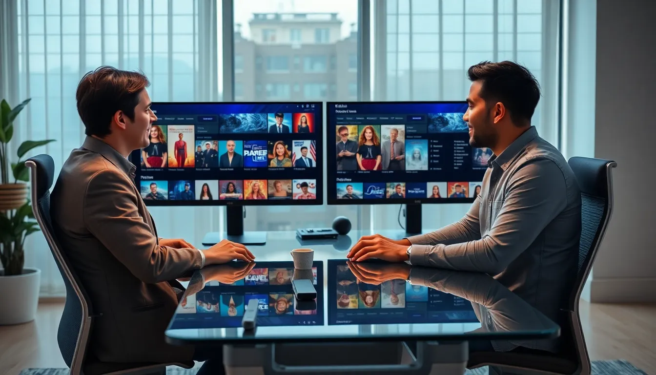 professionals discussing streaming platform in a modern office.
