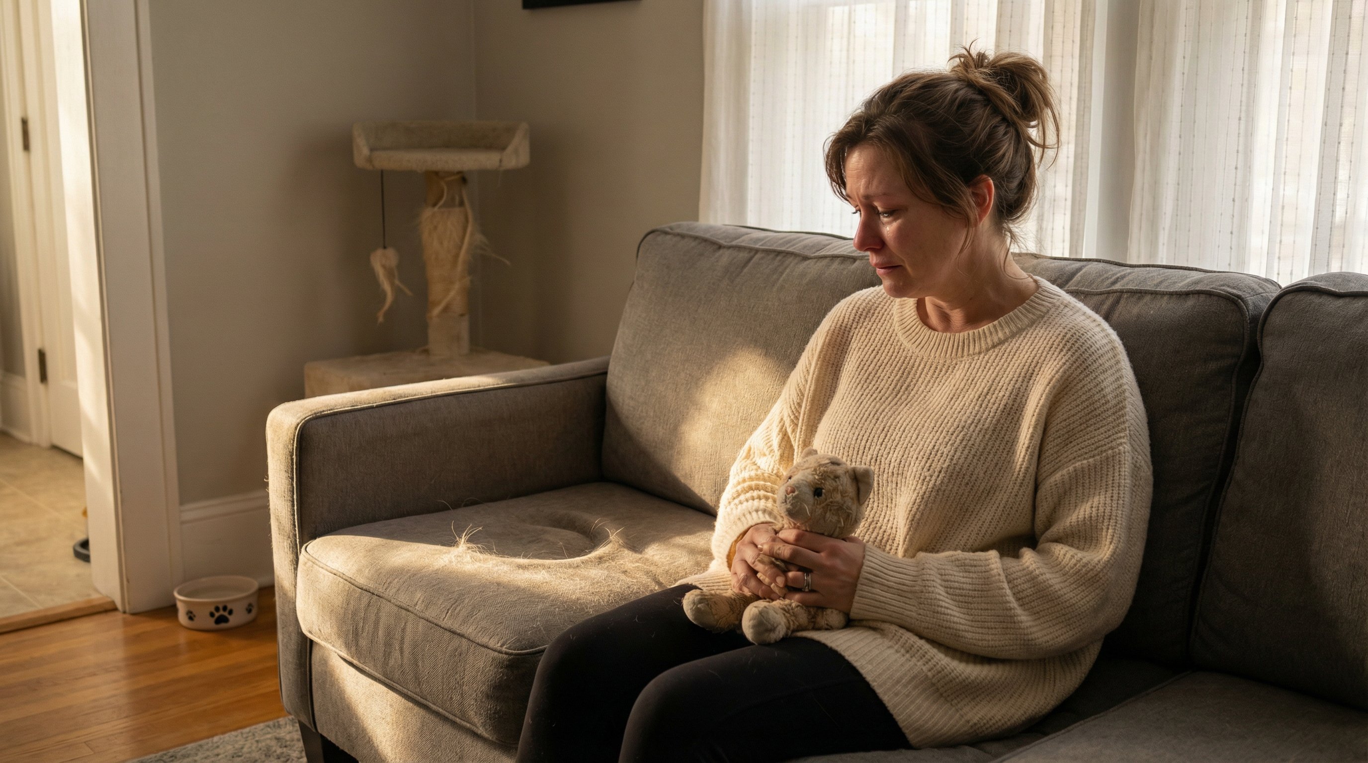 A grieving woman sitting alone on a couch missing her lost cat.