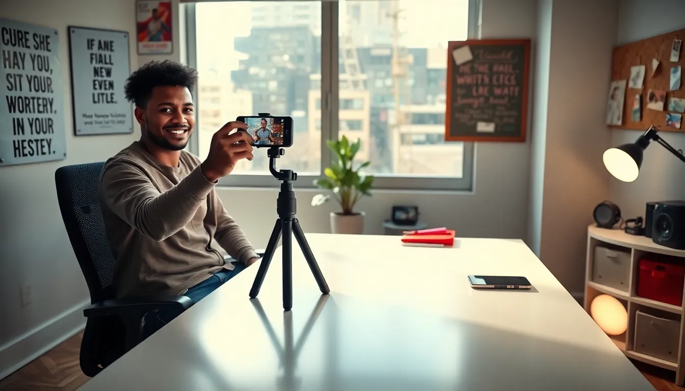 individual filming content in a modern, inspiring workspace.