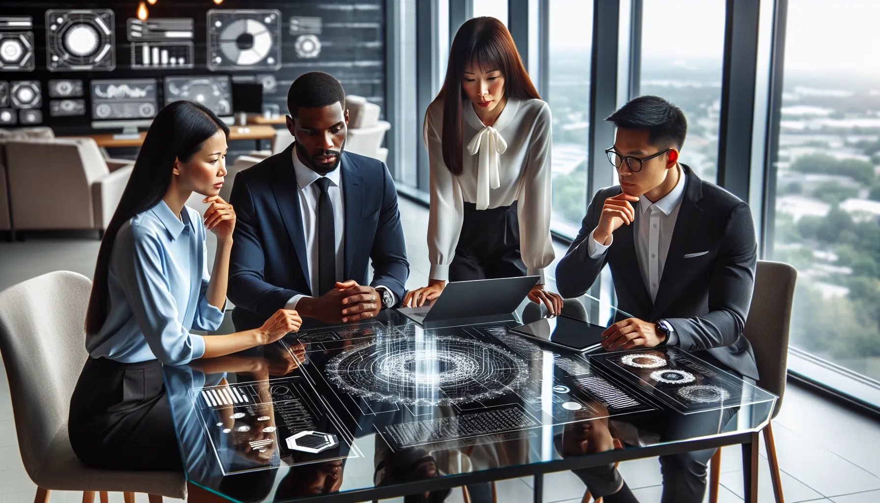 IT professionals discussing cybersecurity in a modern office.