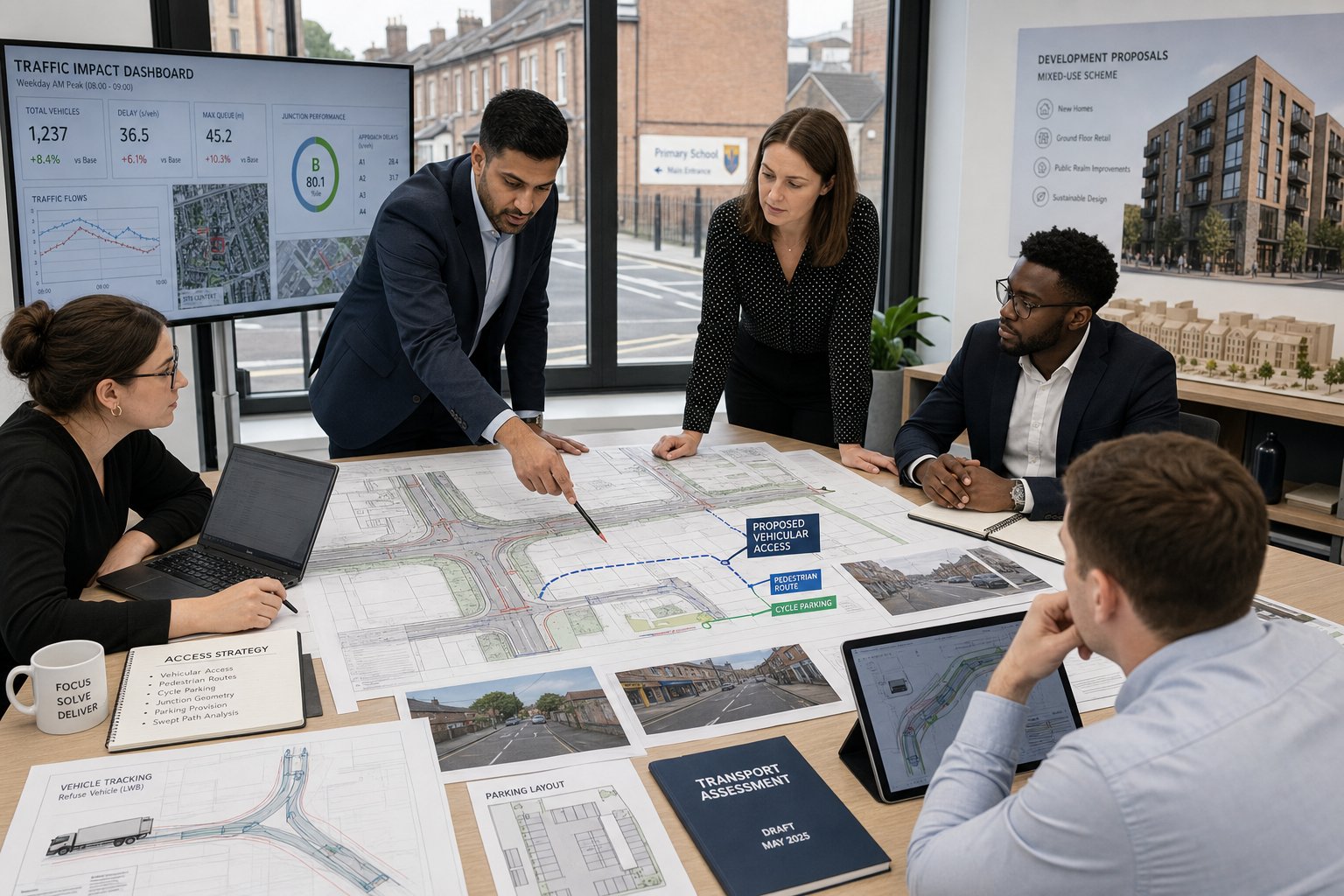 Highway engineering consultants reviewing access, traffic, and parking plans in a UK office.