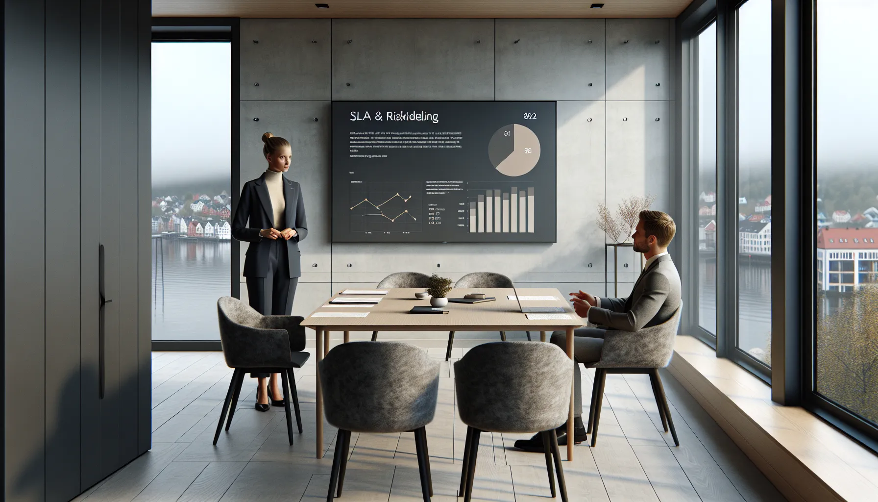 Norwegian manager presents negotiation metrics in a bright oslo meeting room.