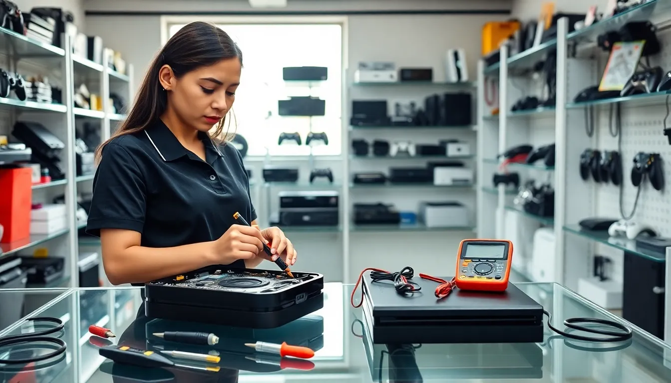 technician repairing a game console in a modern repair shop.