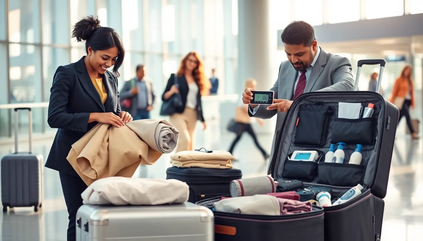 diverse professionals packing efficiently at an airport.