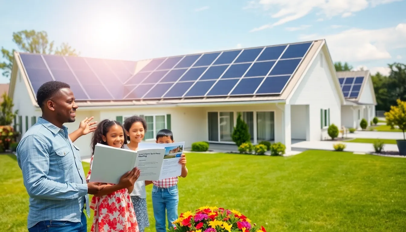 A family discussing solar home financing with panels on their roof.