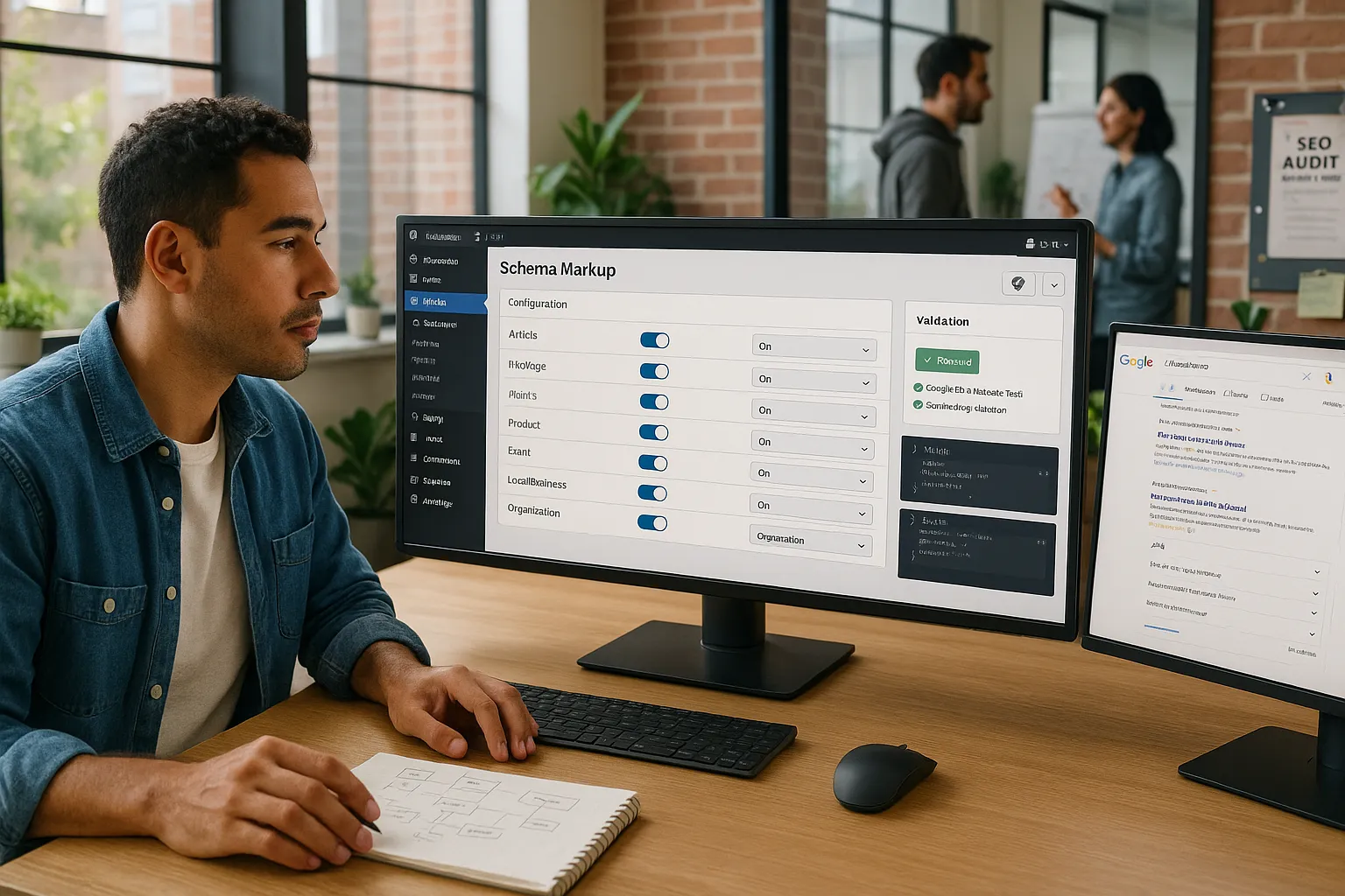 Marketer configures a WordPress schema markup plugin showing rich result options on screen.