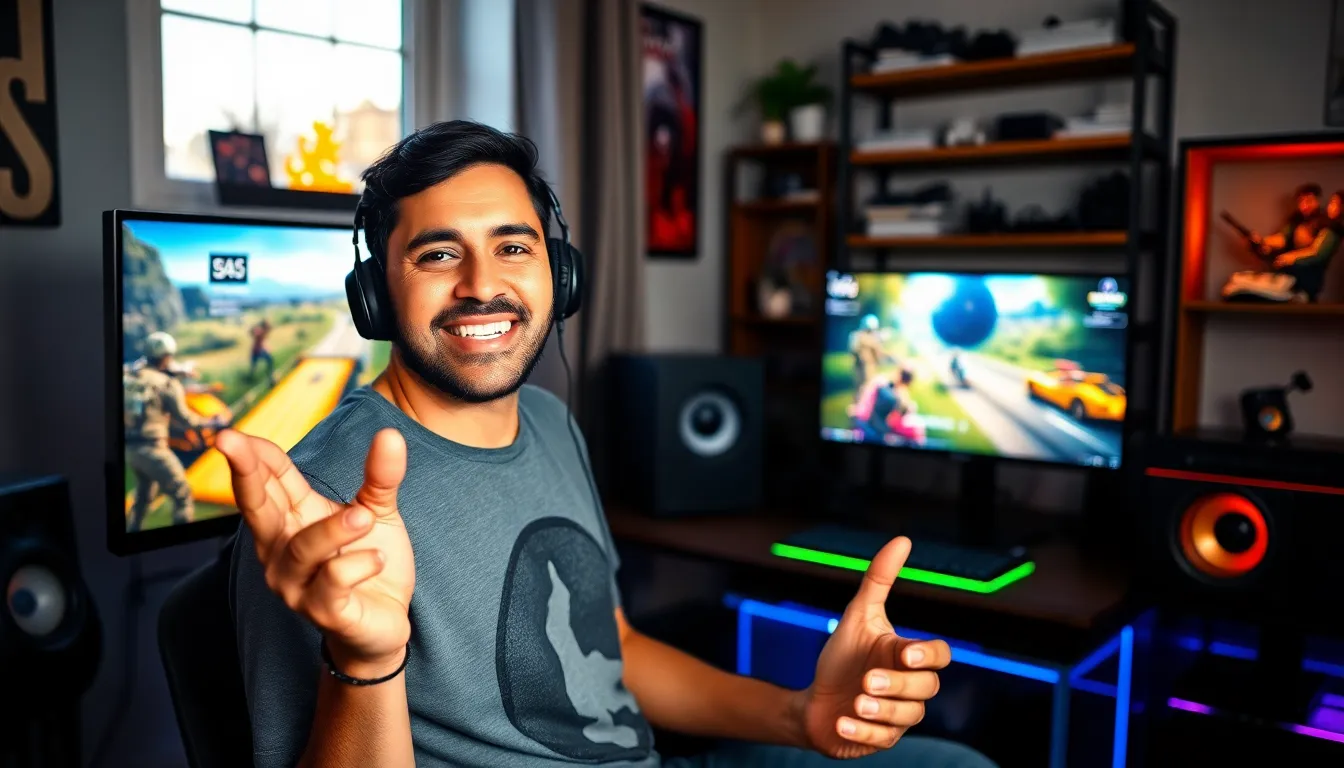 Larry Nando engaging with viewers at his colorful gaming setup.