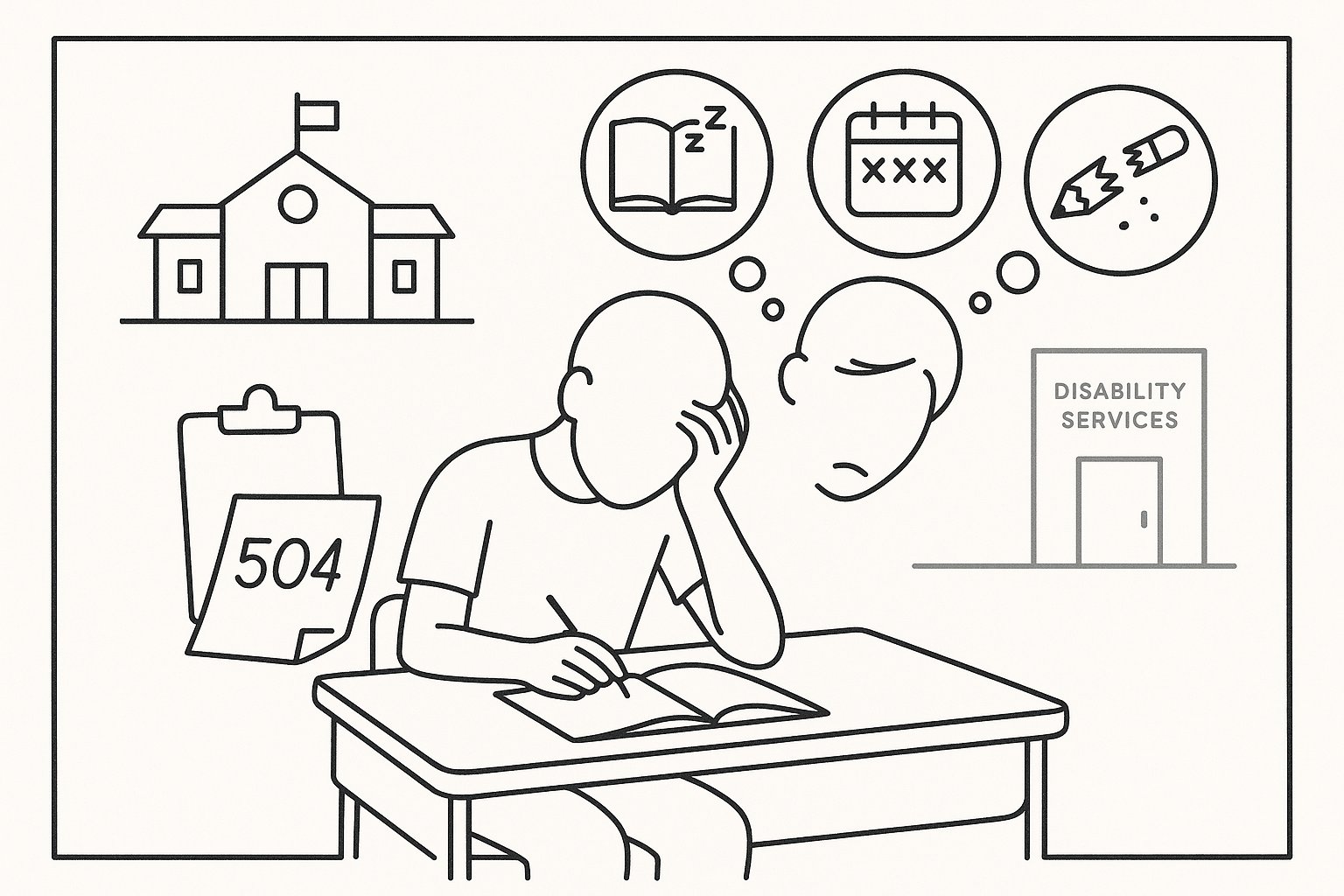 A student at a desk with icons for sleep, missed days, and a 504 medical note. - What Is a 504 Plan for Depression A Practical Guide For Students Parents And Employers 2026
