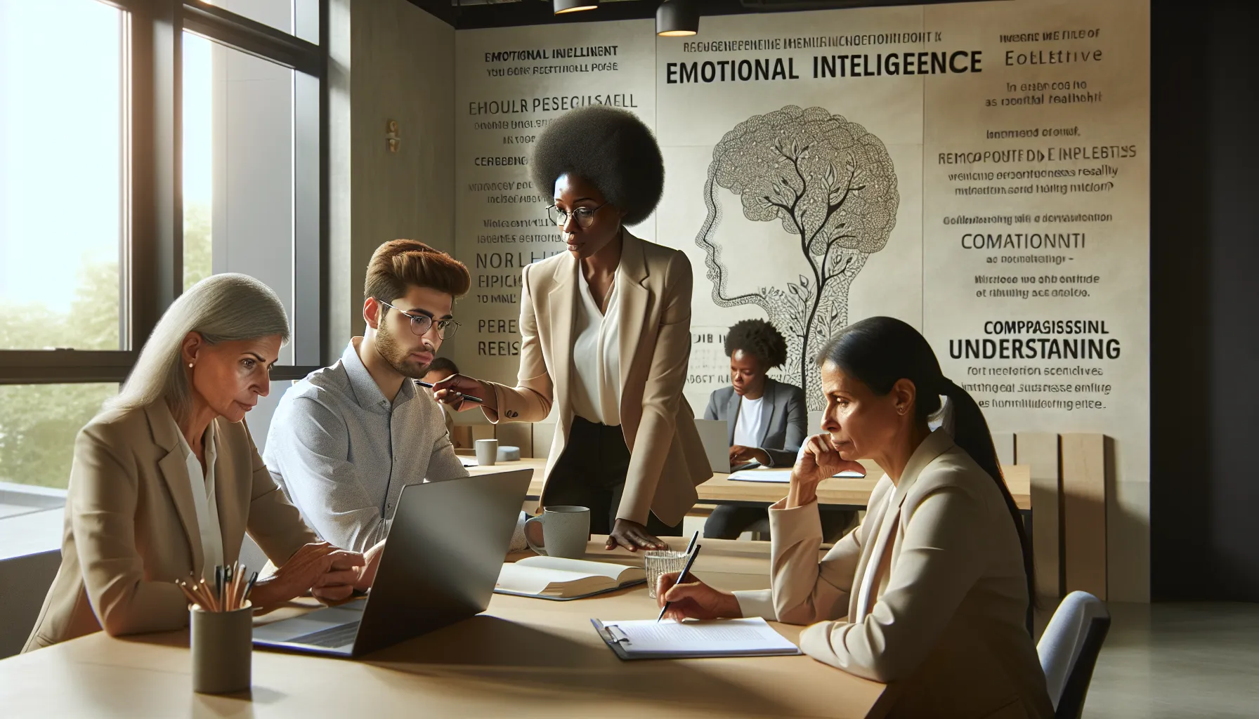 diverse group discussing emotional intelligence in a modern office.