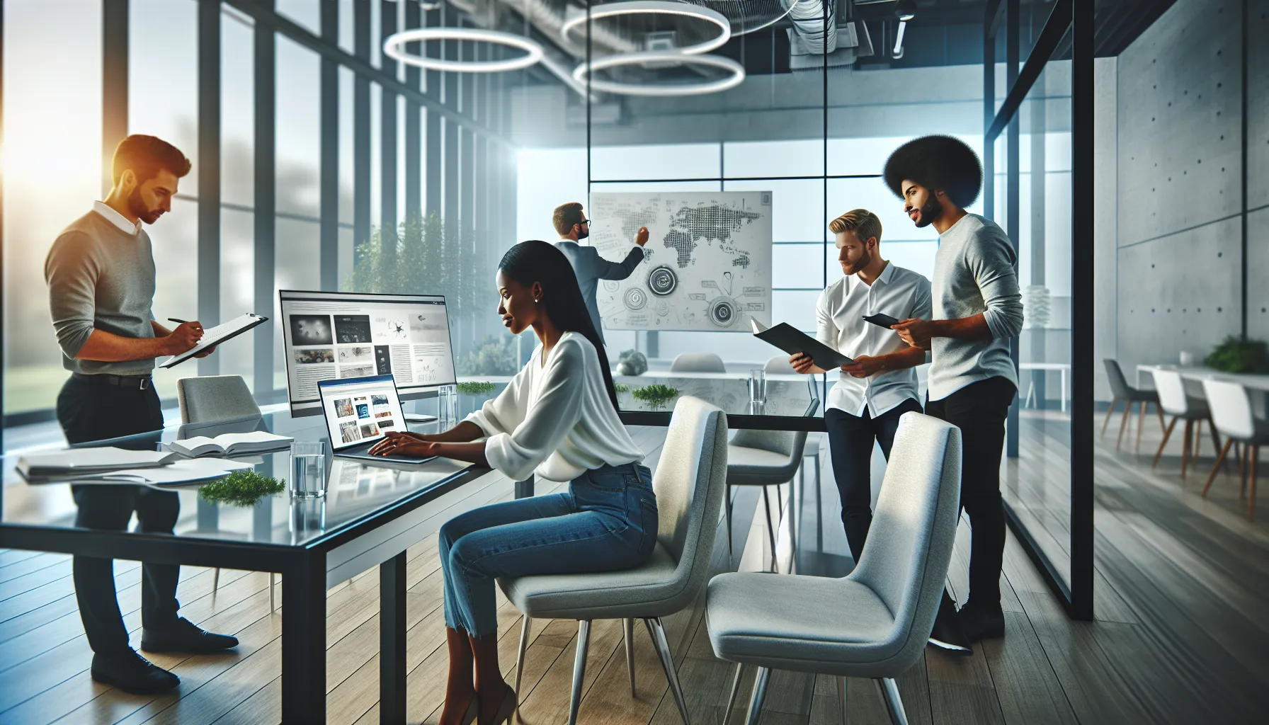 diverse team in a modern office creating engaging digital content.