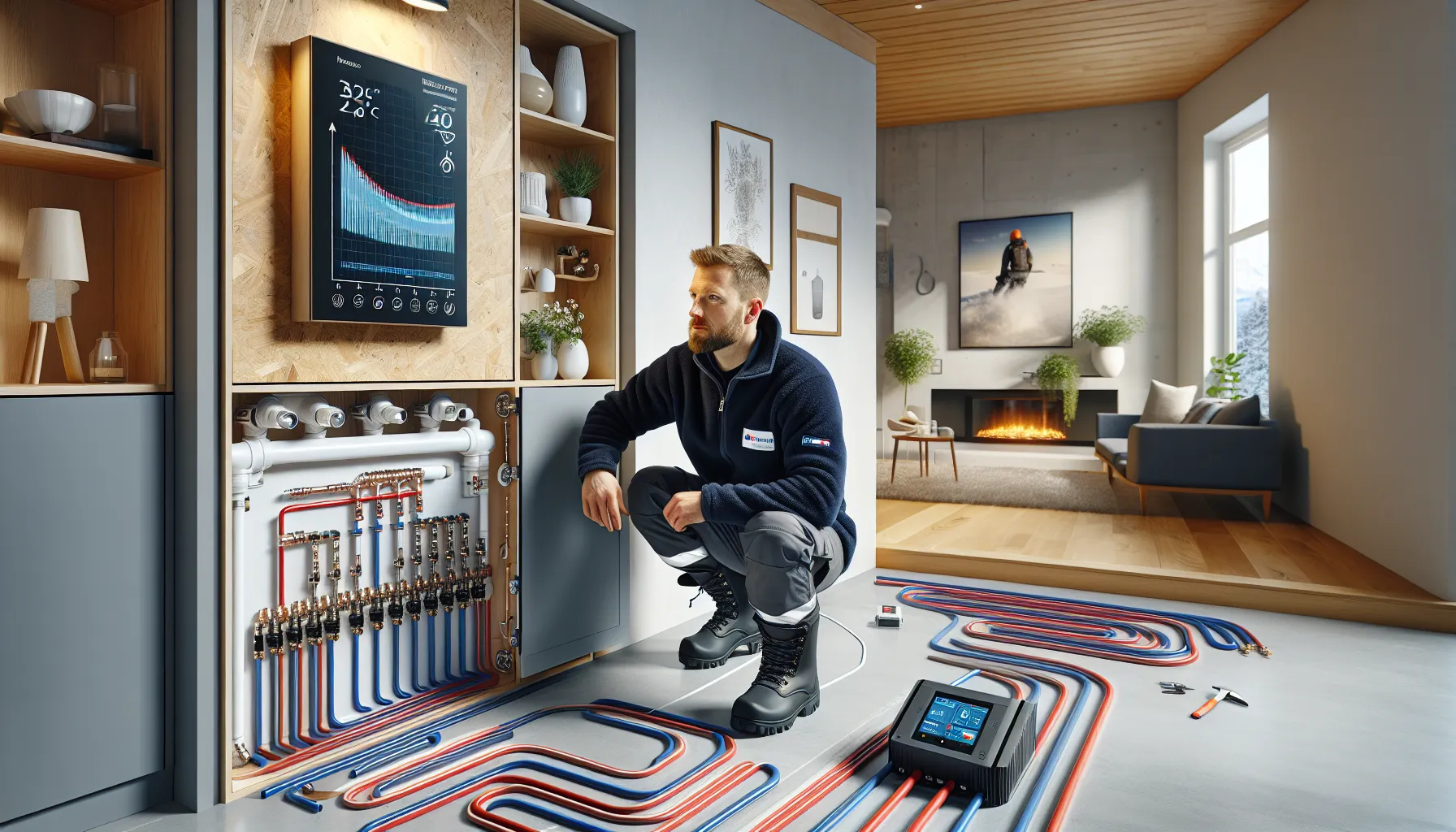 Technician adjusts heat pump and underfloor heating system in insulated norwegian home.