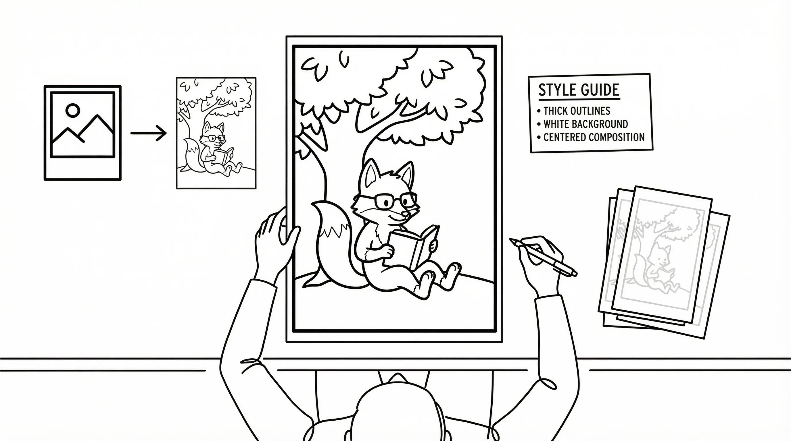 Person creating consistent coloring book pages from prompts, photos, and sketches.