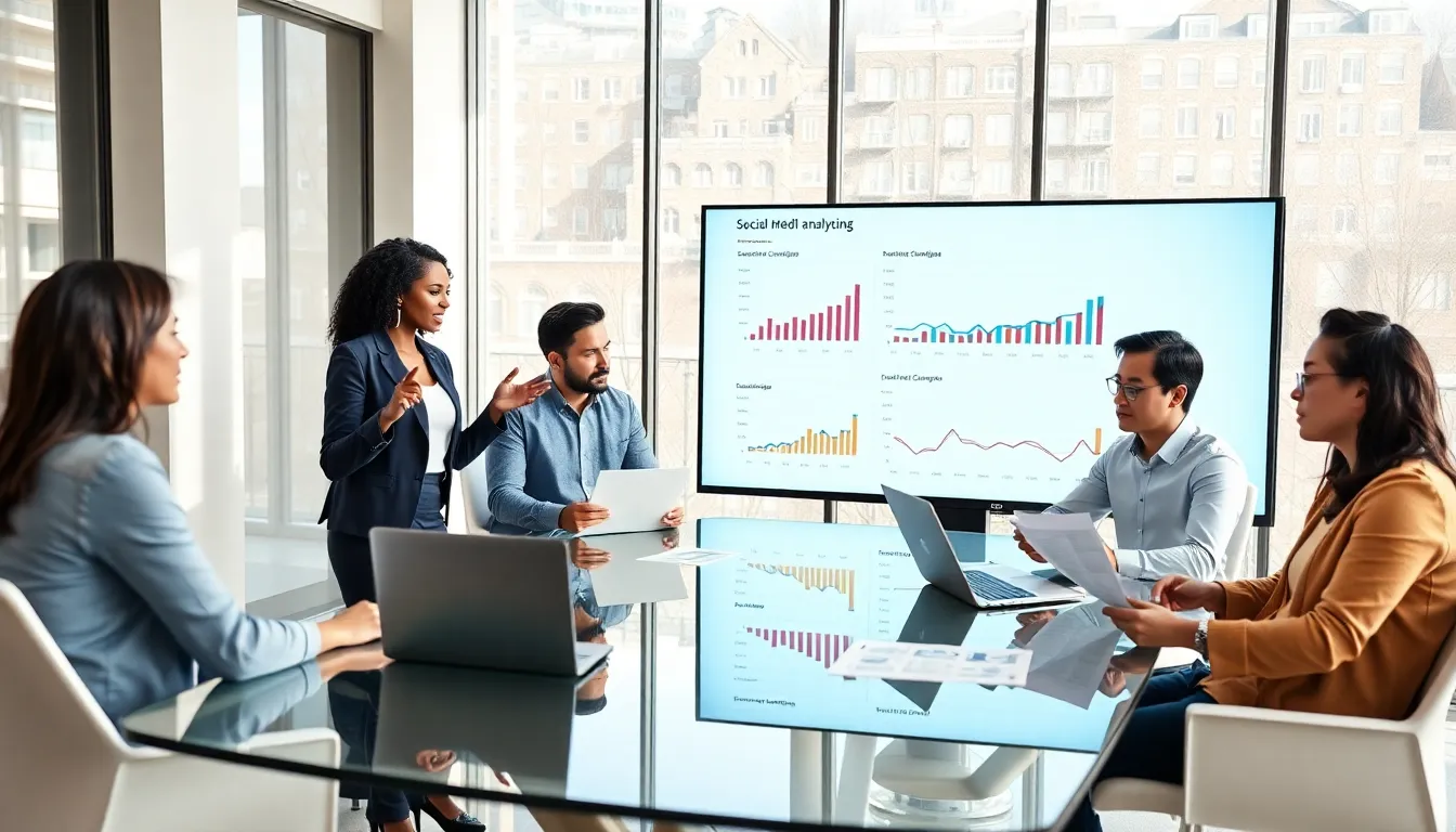 diverse team analyzing social media campaign performance in a modern office.