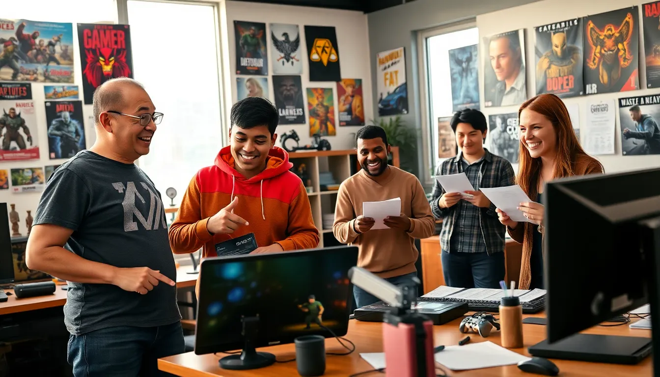 A diverse team collaborating in a vibrant gaming office.