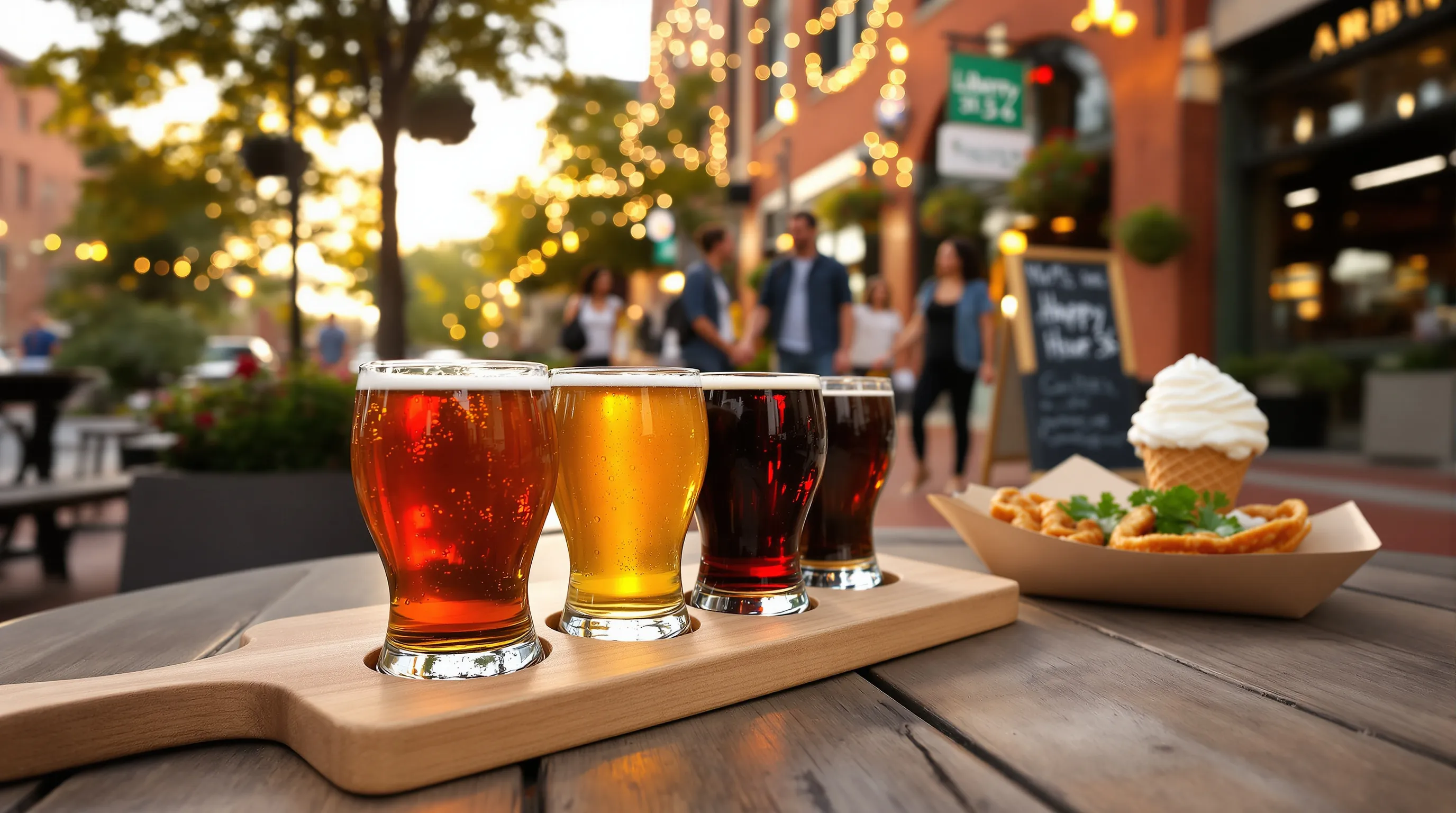 Beer flight and street bites on Ann Arbor’s Main Street at dusk.