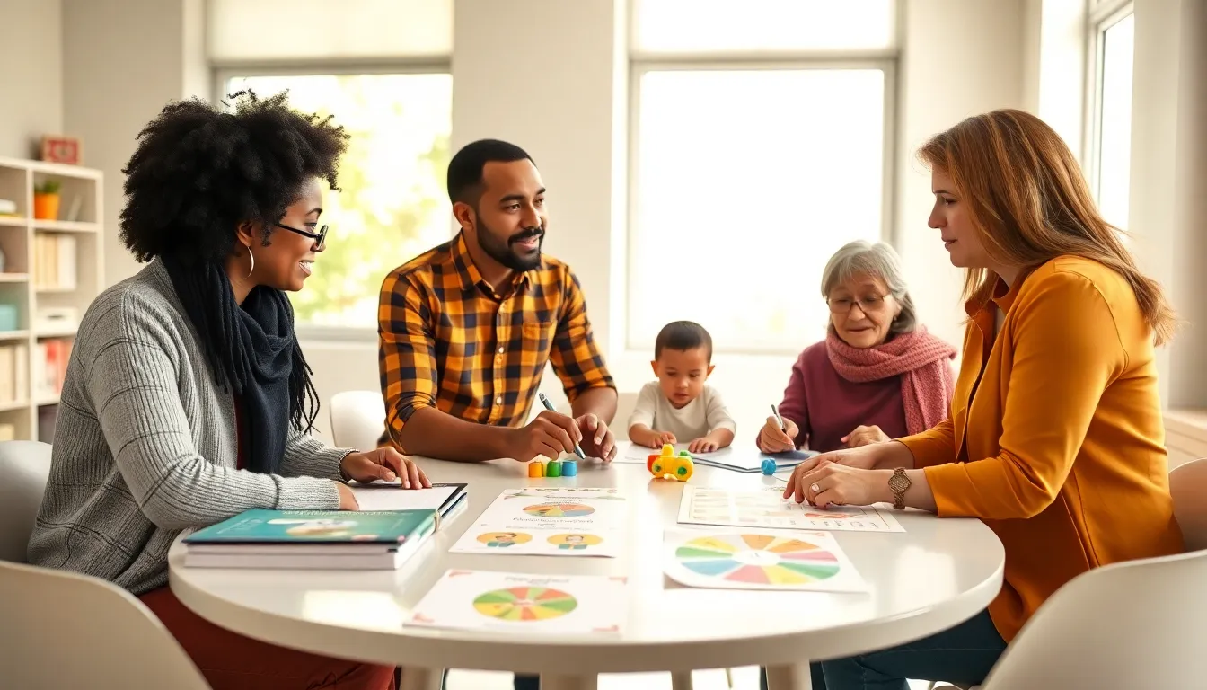 diverse parents in a modern classroom discussing child development.