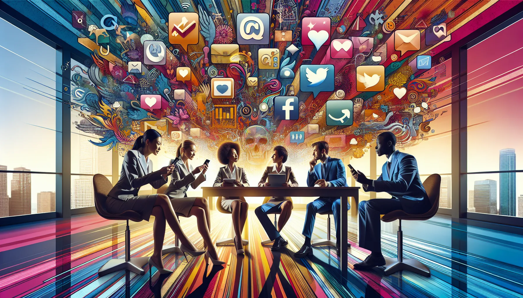 diverse group discussing social media trends in a modern office.